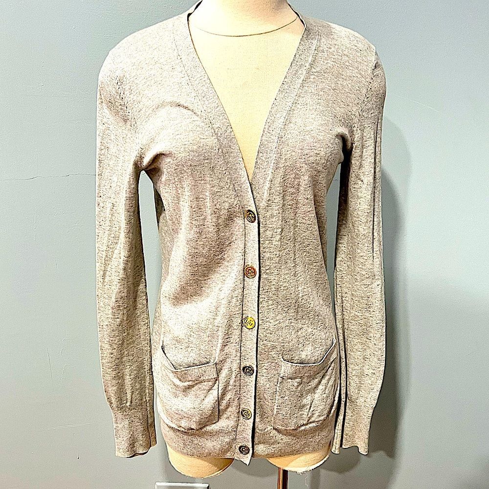 C Wonder Grey Cotton Angora V Neck Long Sleeve Cardigan Gold Buttons Size Medium